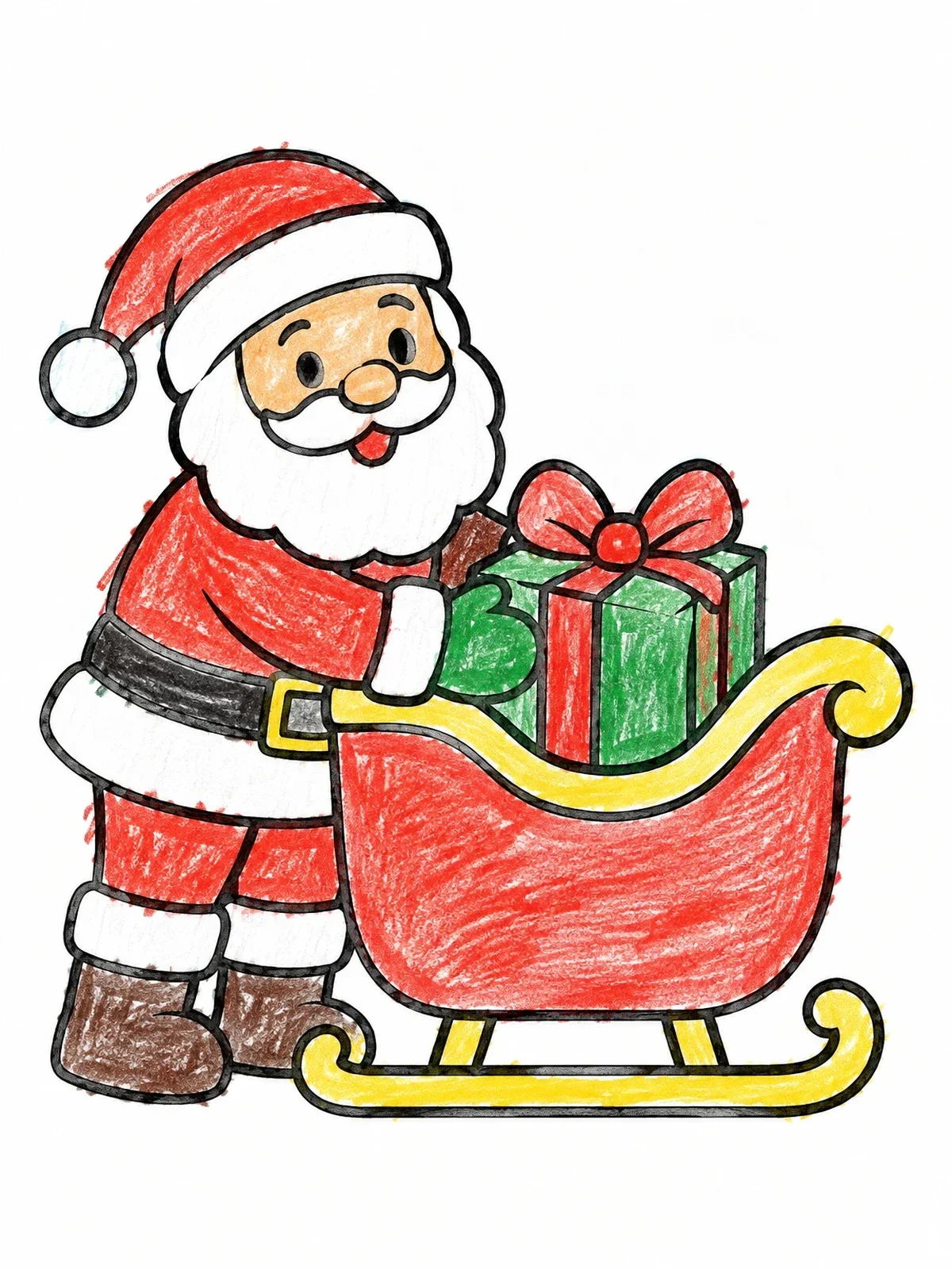Colored example of the Santa Packing A Gift Into Sleigh coloring page