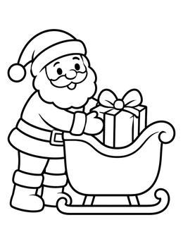 Free printable Santa Packing A Gift Into Sleigh coloring page
