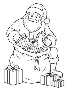 A cheerful santa claus is comin to town coloring page showing gifts and a rocking horse.