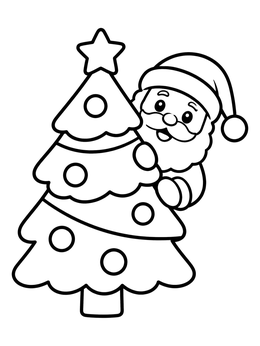 Free printable Santa Peeking Behind Christmas Tree coloring page