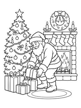 Santa leaves presents beside a cozy fireplace in this christmas tree coloring page.