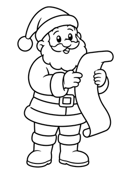 A jolly santa coloring page showing Santa Claus holding a long paper scroll.