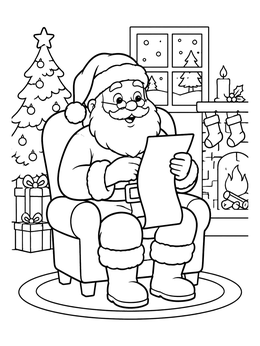 Cozy santa claus coloring page showing Santa reading a wish list in an armchair by the fireplace.