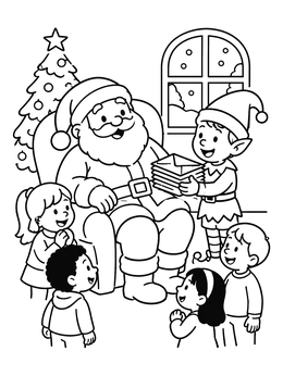 Free printable Santa Receiving Letters With Children And Elf coloring page