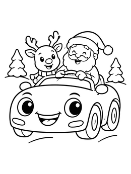 Free printable Santa And Reindeer In A Cheerful Car coloring page