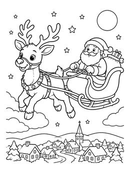 A cheerful reindeer coloring page showing Santa flying in his sleigh over a snowy village.