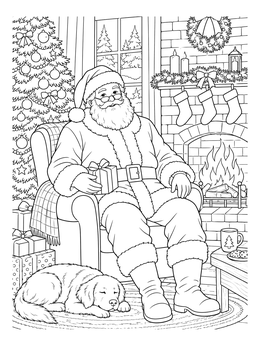 Cozy santa claus coloring page featuring Santa in an armchair by the fireplace with a sleeping dog.