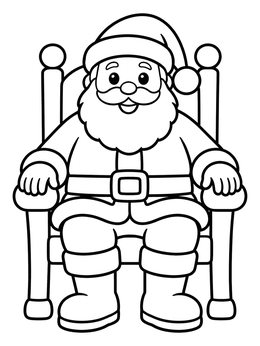 Santa coloring page showing a cheerful Santa Claus seated comfortably in a large chair.