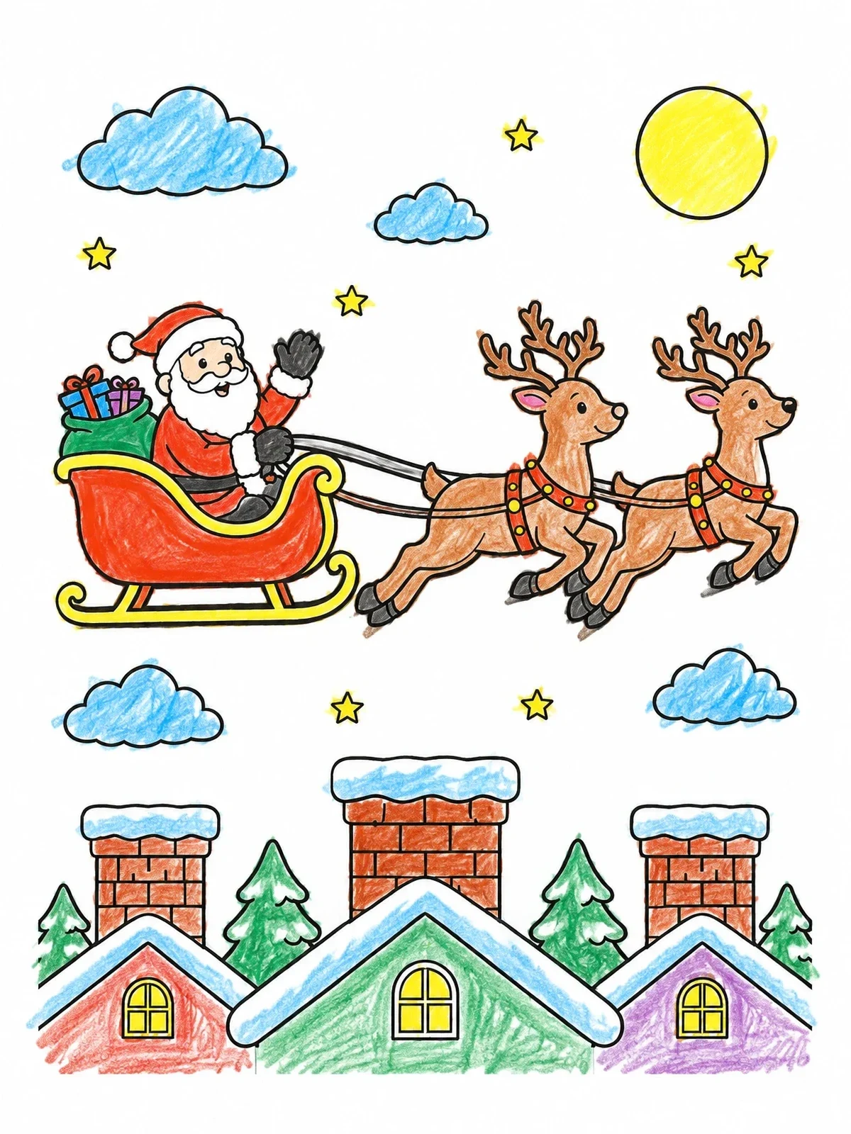Colored example of the Santa Flying Over Snowy Chimneys coloring page