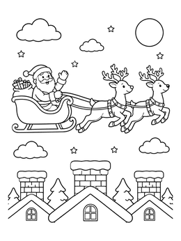 Free printable Santa Flying Over Snowy Chimneys coloring page
