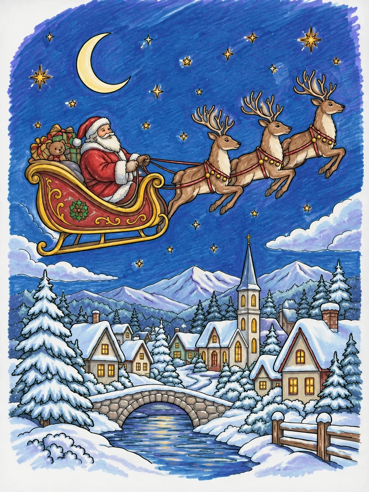 Colored example of the Santa Flying Over Winter Village coloring page