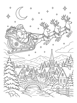 A detailed santa and his sleigh coloring page flying over a quiet village on a starry night.