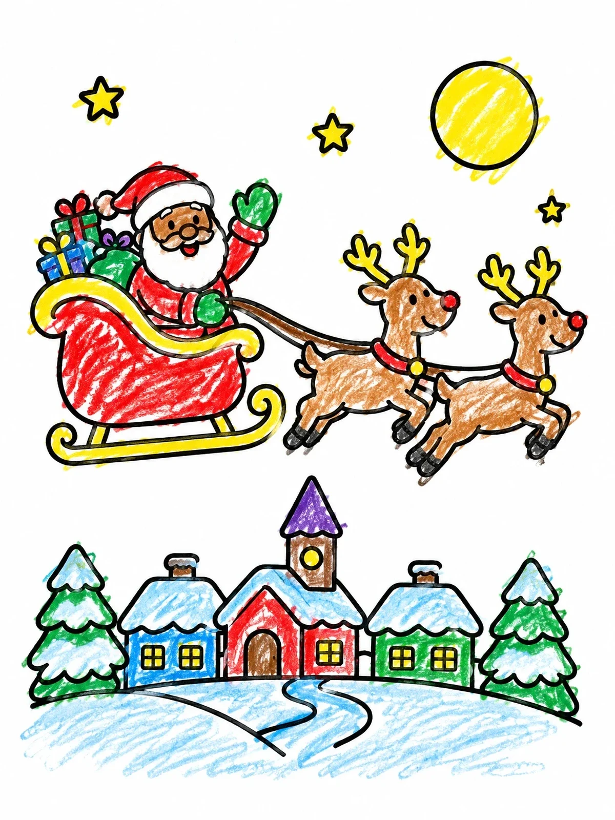 Colored example of the Santa Flying Over Snowy Village coloring page