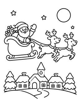 Free printable Santa Flying Over Snowy Village coloring page