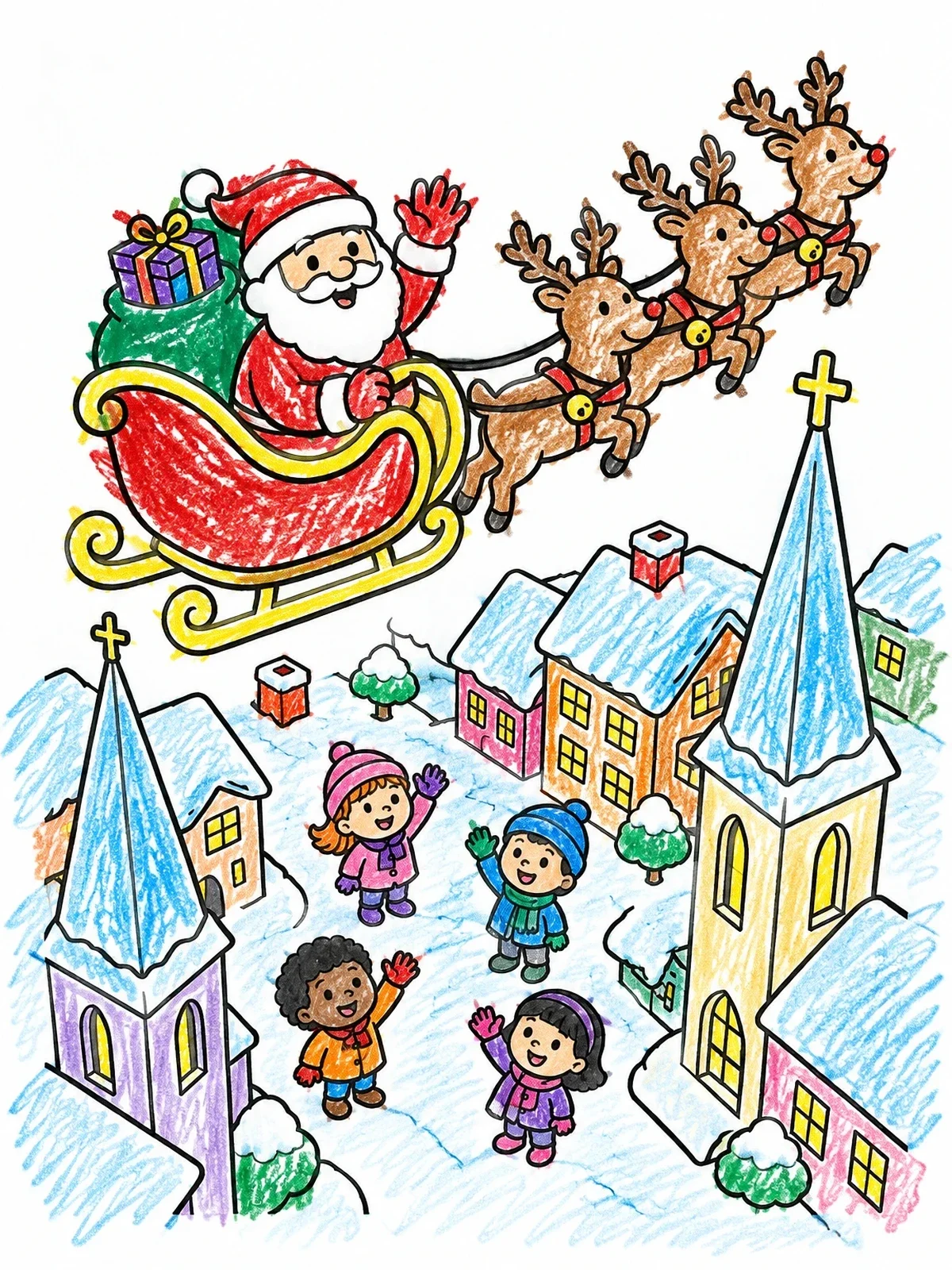 Colored example of the Santa Flying Over Winter Village coloring page