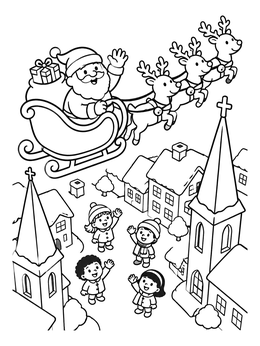 Children waving upward in a festive santa and his sleigh coloring page above village rooftops.
