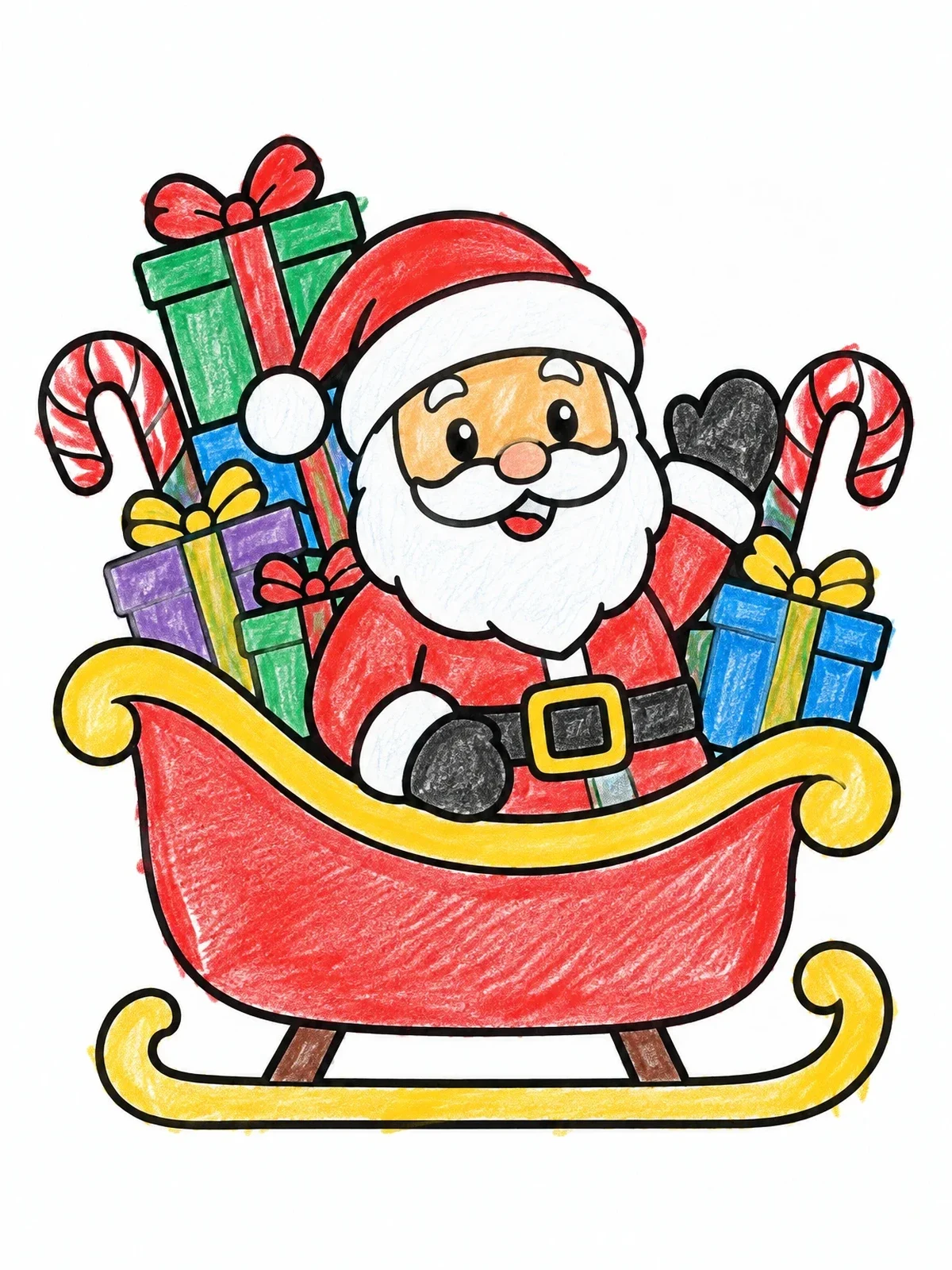 Colored example of the Santa In Sleigh With Gifts coloring page