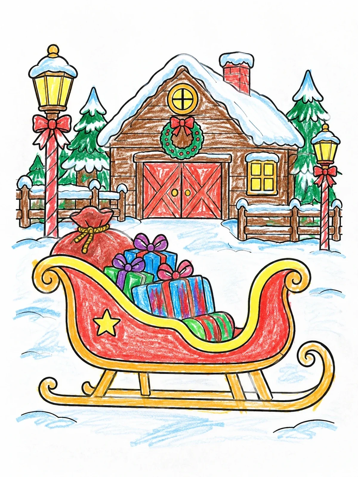 Colored example of the Santa Sleigh Outside Workshop coloring page
