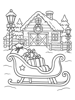Free printable Santa Sleigh Outside Workshop coloring page