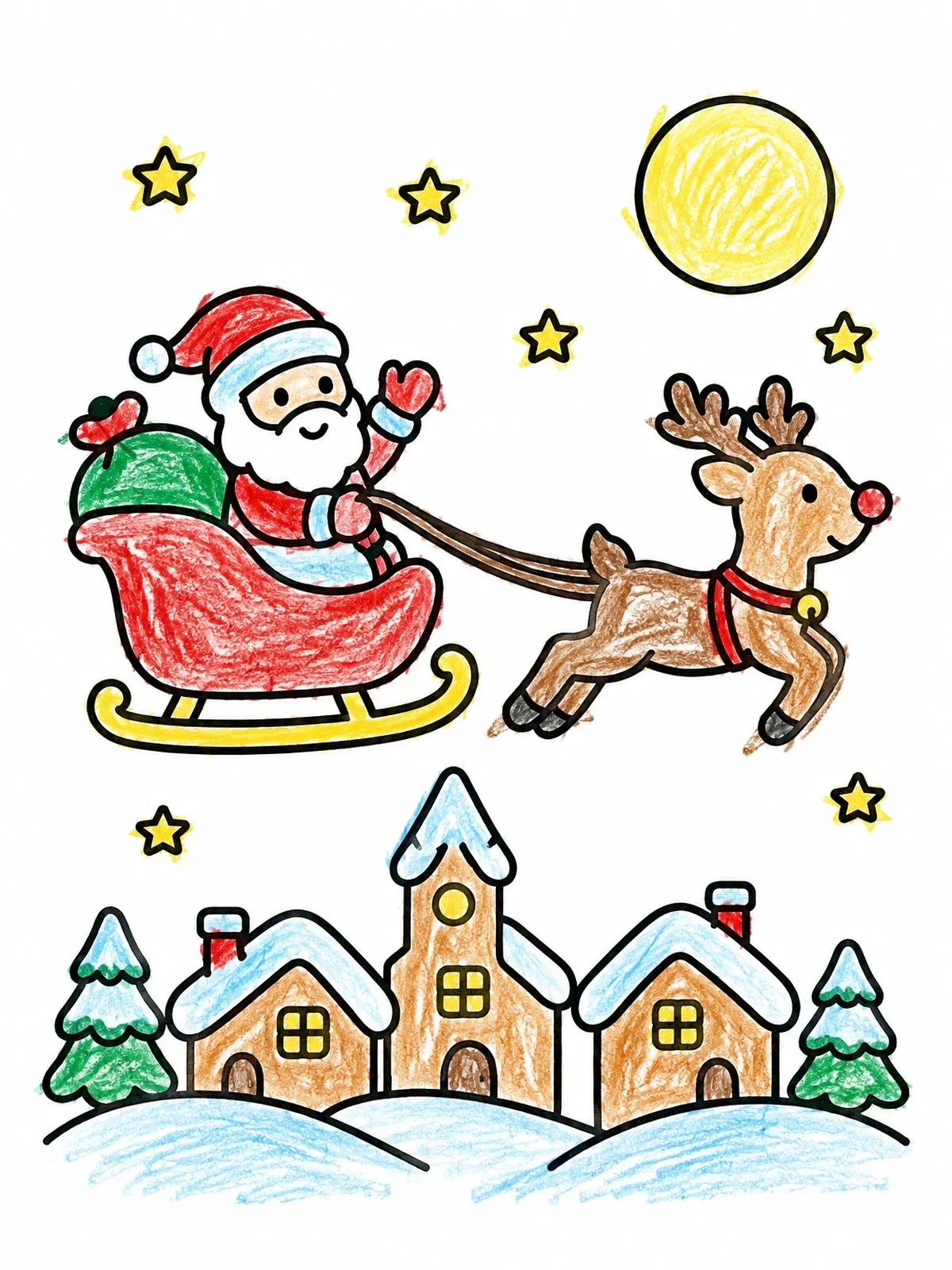 Colored example of the Santa Flying Over Snowy Village coloring page