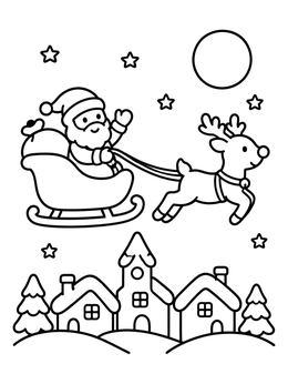 Free printable Santa Flying Over Snowy Village coloring page