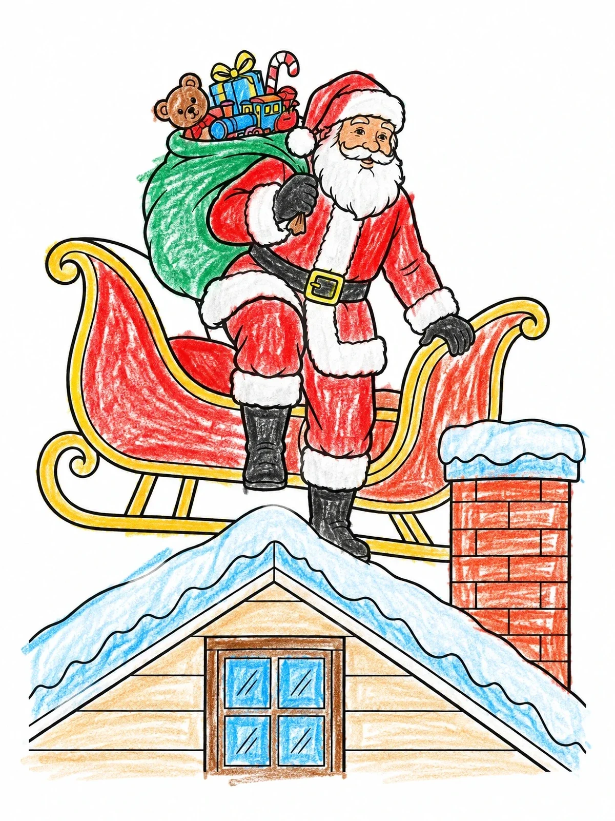 Colored example of the Santa Stepping From Sleigh On Roof coloring page