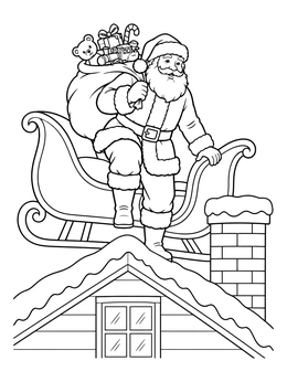 Enjoy this santa and his sleigh coloring page featuring Santa stepping onto a snowy roof near a chimney.