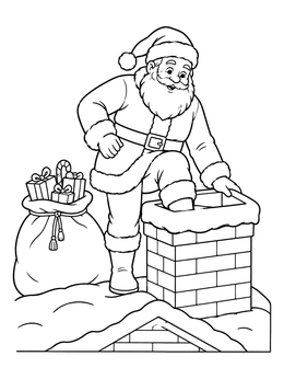 Santa Claus coloring page showing him stepping into a chimney with gifts on the roof.