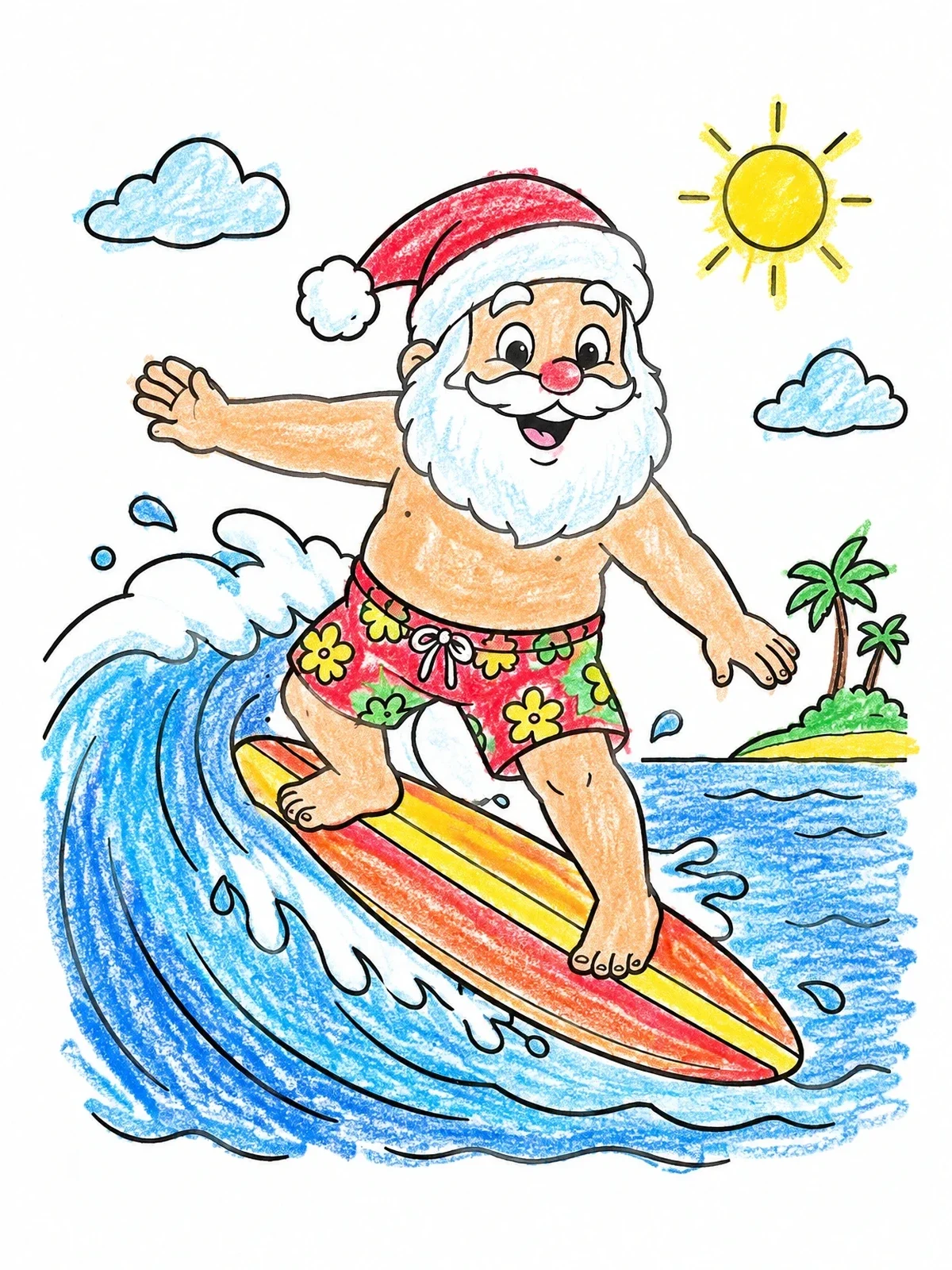 Colored example of the Santa Surfing On Summer Vacation coloring page