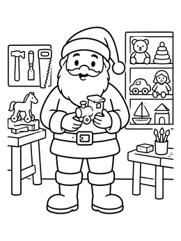 A smiling santa coloring page holding a toy train inside his wooden workshop surrounded by toys.