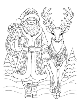 Detailed santa coloring page featuring Santa Claus walking with an antlered reindeer in the snow.
