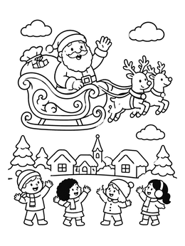 Children look up as Santa waves from his sleigh in this cheerful santa claus coloring page.