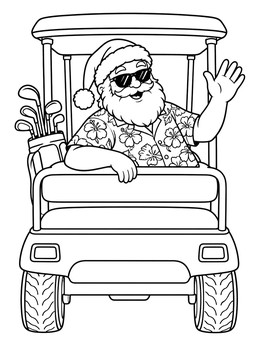 Santa in sunglasses and an aloha shirt on a hawaiian christmas coloring page.
