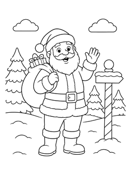 A cheerful santa coloring page showing Santa waving near a snowy signpost.
