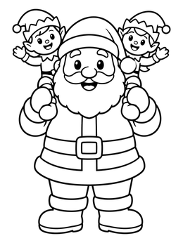 A cheerful santa and elf coloring page with two little helpers sitting on Santa's shoulders.