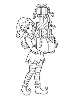 A smiling Christmas elf carries a tall stack of presents on this santas workshop coloring page.