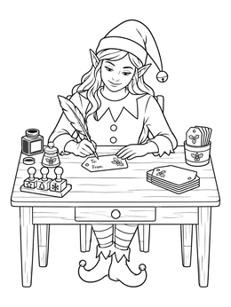 A cheerful elf writes gift tags at a wooden desk in this santas workshop coloring page.