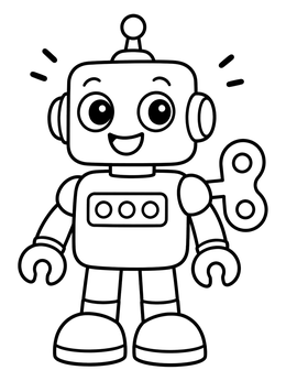 A cheerful wind-up robot toy on this santas workshop coloring page.