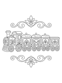 An ornate toy train is framed by flourishes in this santas workshop coloring page.