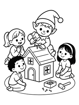 An elf and three children make toys in this santas workshop coloring page.