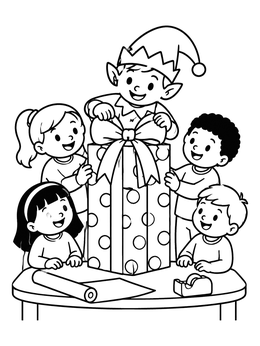 Free printable Elf And Children Wrapping Giant Present coloring page