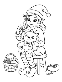 Free printable Elf Sewing A Teddy Bear coloring page