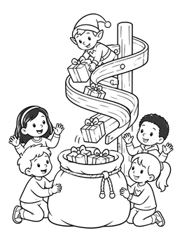 Free printable Elf Sliding Presents To Children coloring page