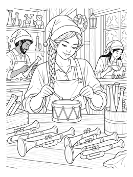 Elf testing a toy drum in this detailed santas workshop coloring page.