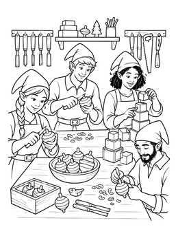 Elves carve spinning tops and stack wooden blocks in this santas workshop coloring page.