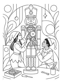 Two elves adjust intricate clockwork gears inside a toy soldier in this santas workshop coloring page.