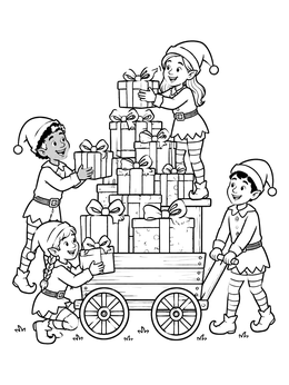 Cheerful elves stack gifts onto a cart in this santas workshop coloring page.