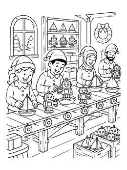 Free printable Elves Assembling Toys On Conveyor Belt coloring page