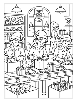 Elves packing gifts and toys on an assembly line in this santas workshop coloring page.