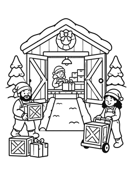 Free printable Busy Elves At Workshop Loading Dock coloring page